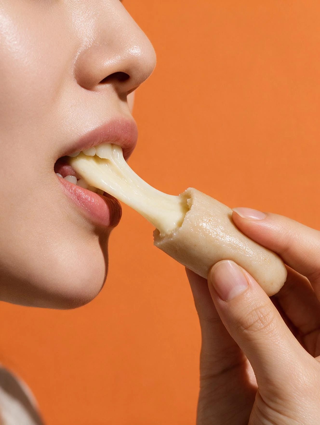 A person eating cheese tteok against orange