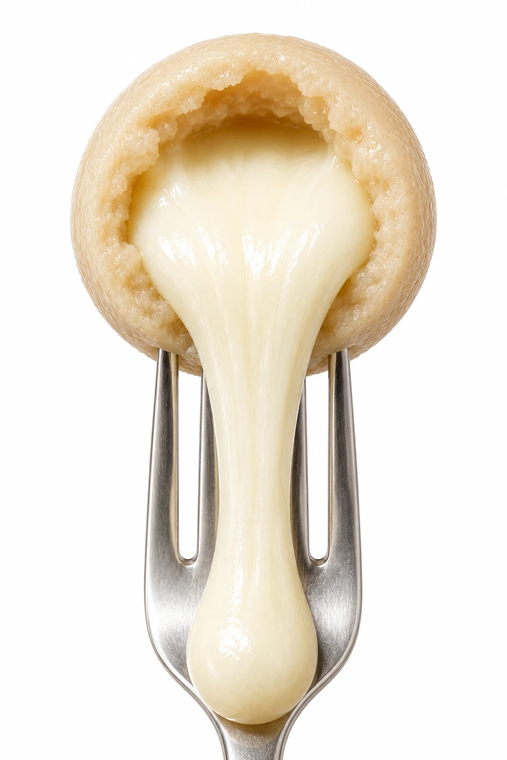 A fork holding a close-up of the cheese filling