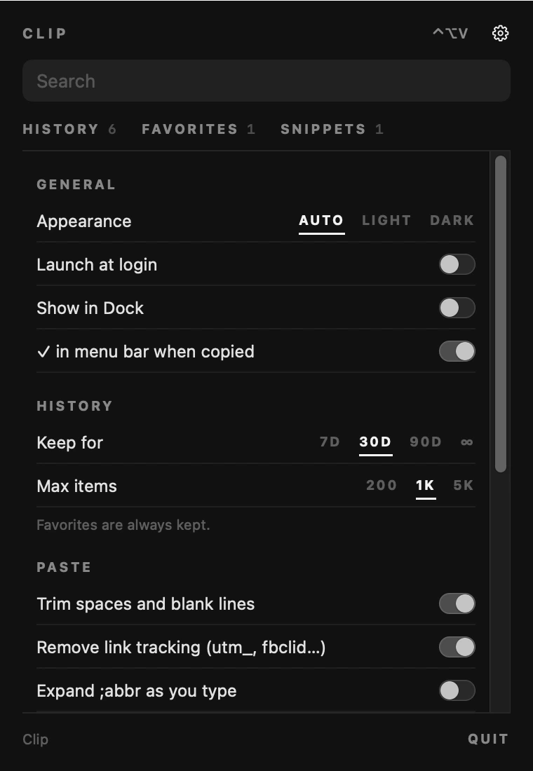 Settings: appearance, launch at login, show in Dock, menu bar check, history, paste options
