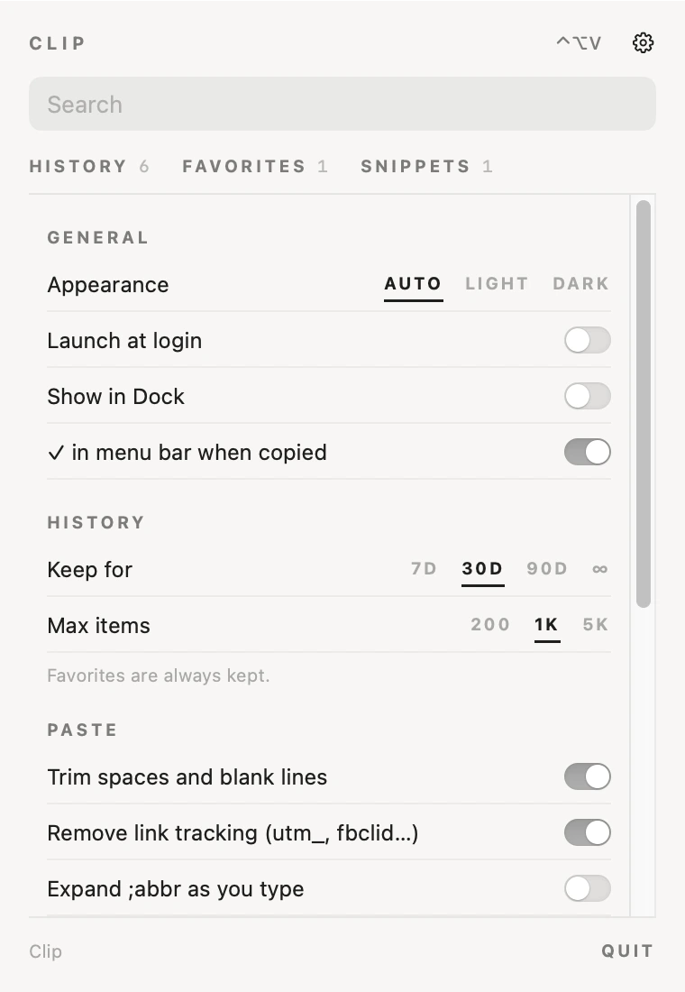 Settings: appearance, launch at login, show in Dock, menu bar check, history, paste options