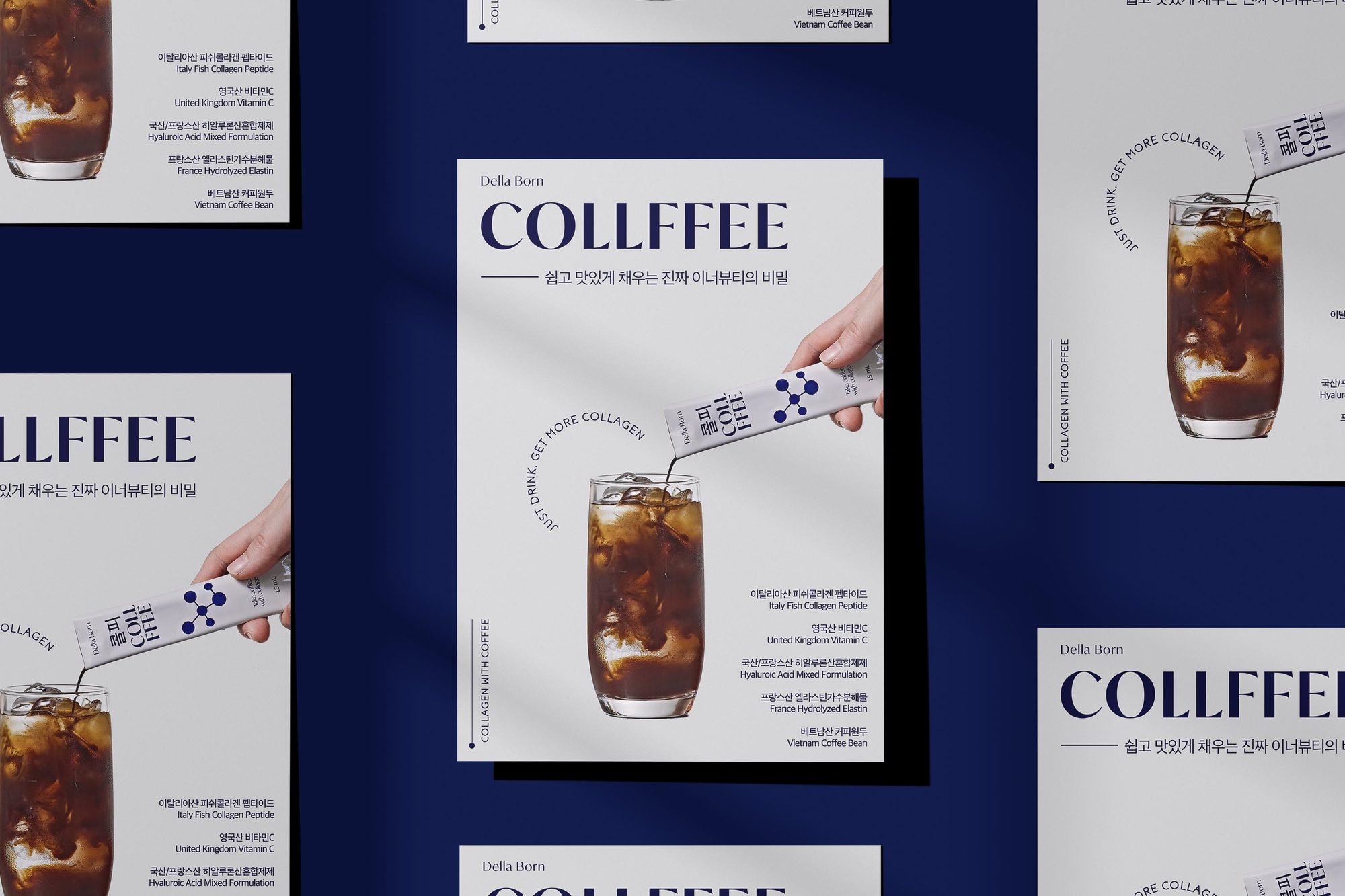COLLFFEE posters laid out on navy