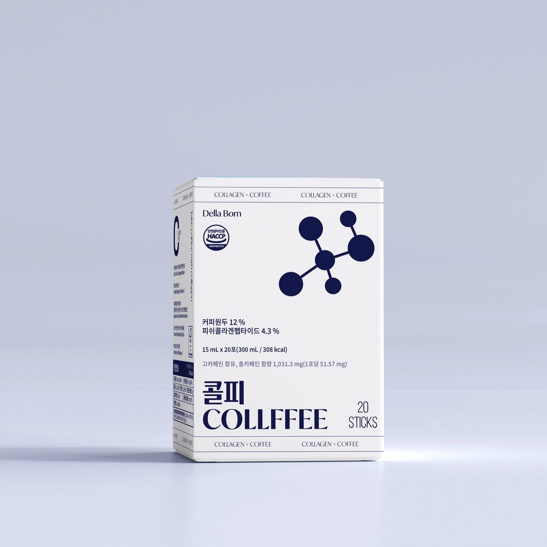 Collffee box, front: navy molecule graphic on white