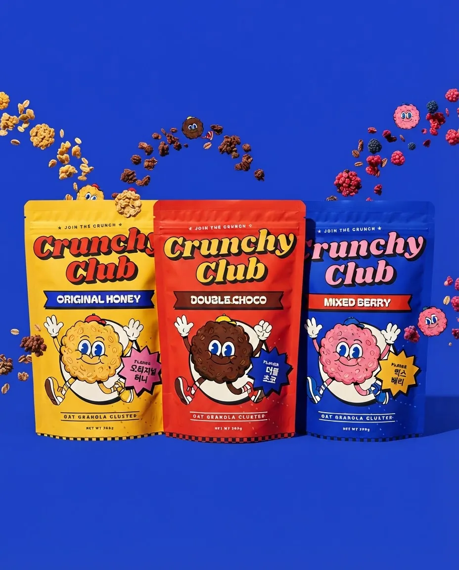 Three Crunchy Club pouches on a blue backdrop with arcs of granola