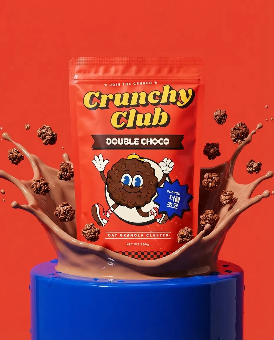 Double Choco pouch on a blue podium with a chocolate splash