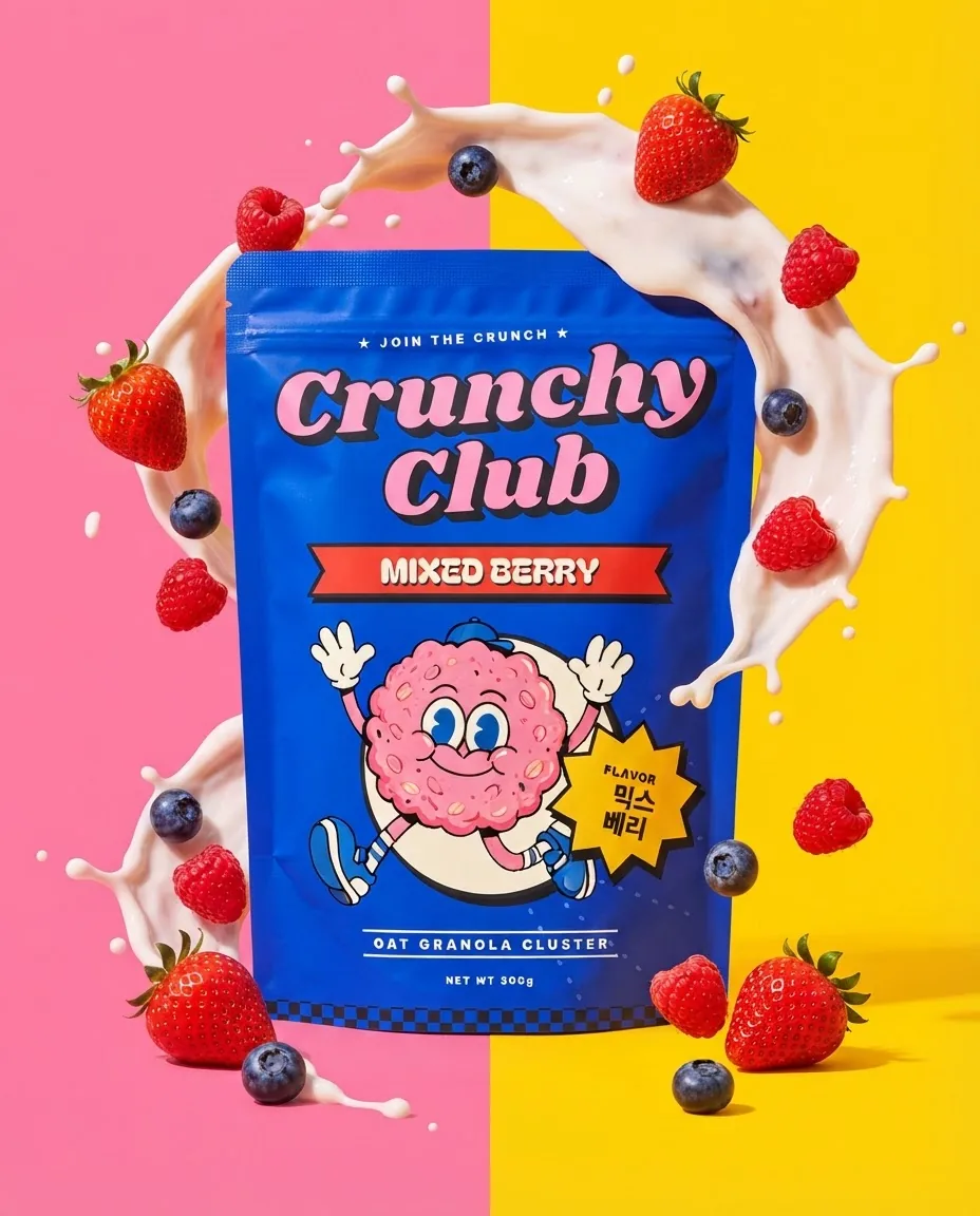 Mixed Berry pouch with a milk splash on a pink and yellow backdrop