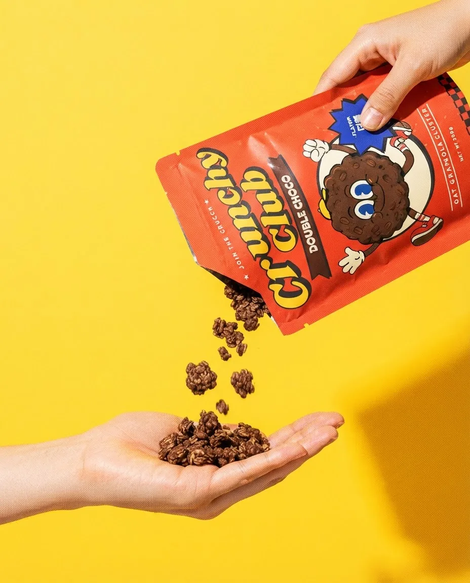 Hand pouring Double Choco granola from the pouch
