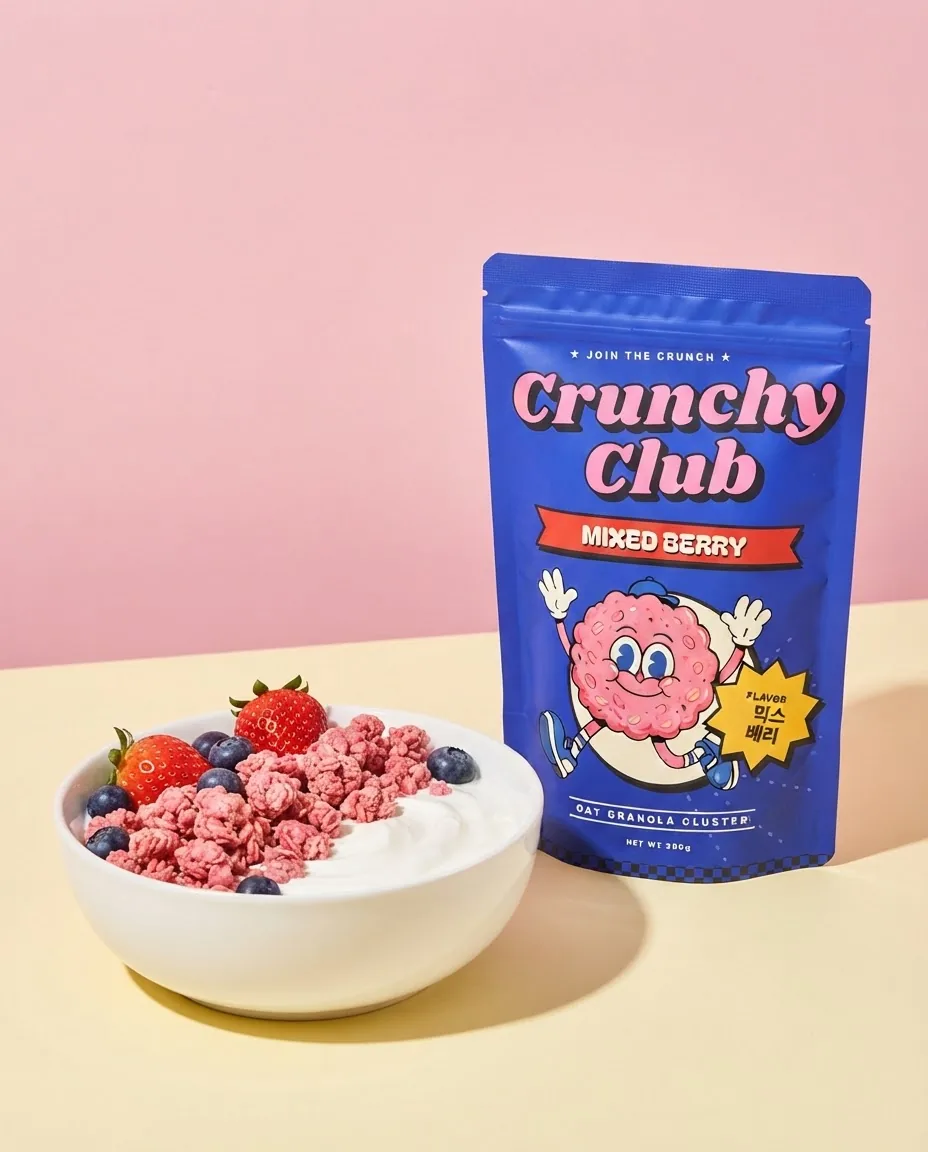 Mixed Berry pouch beside a bowl of yogurt and berry granola