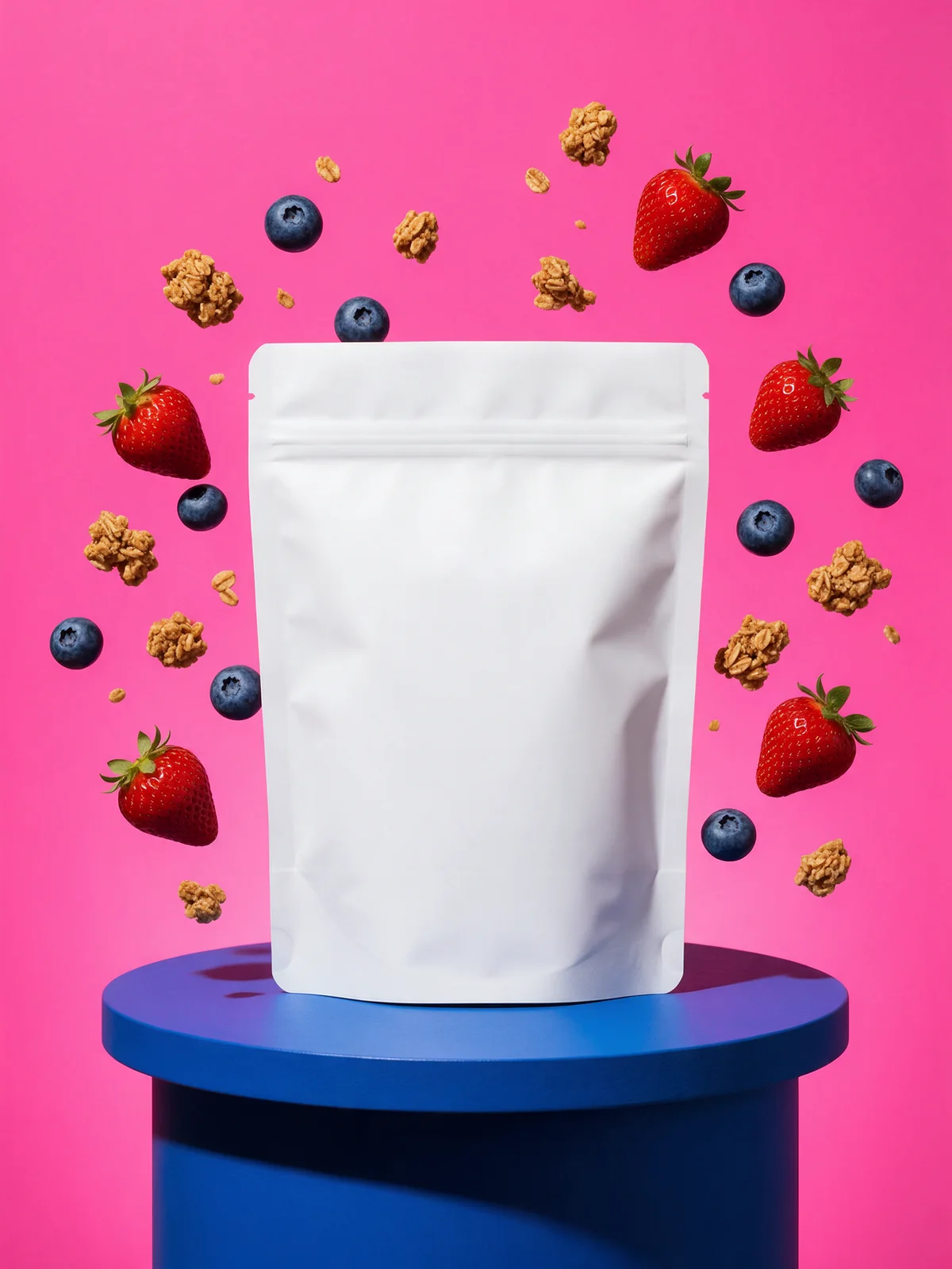 Blank white pouch on a blue podium against a pink backdrop