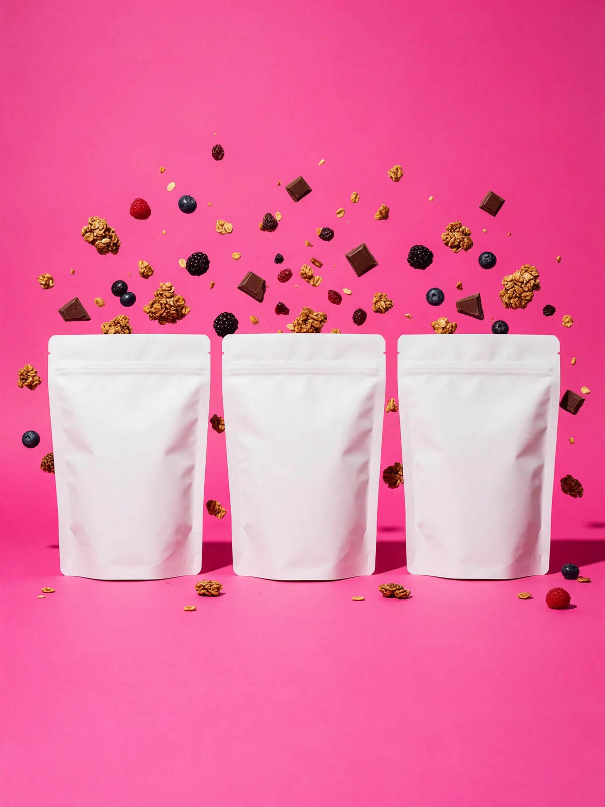 Three blank white pouches on a hot pink backdrop