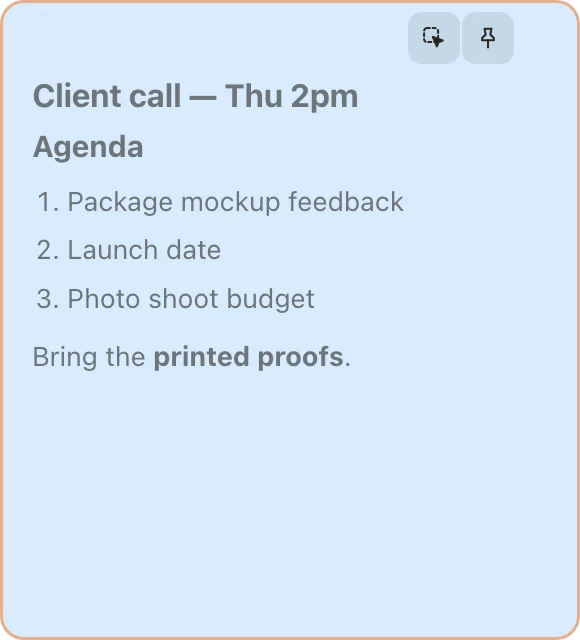 Note in click-through mode: dimmed body and an orange outline