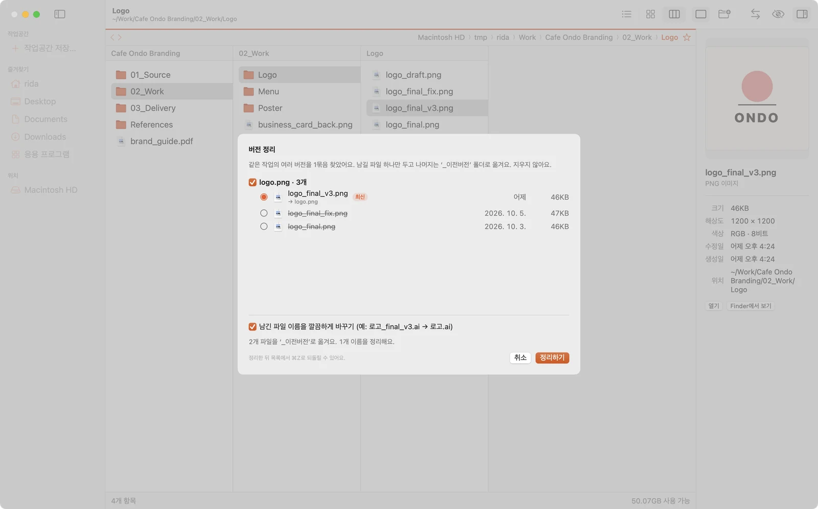 Version cleanup sheet: logo.png group of three, newest marked, rename option on