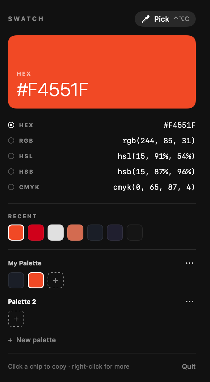 Swatch panel, dark: picked colour #F4551F with HEX, RGB, HSL, HSB and CMYK values, recent colours and palettes